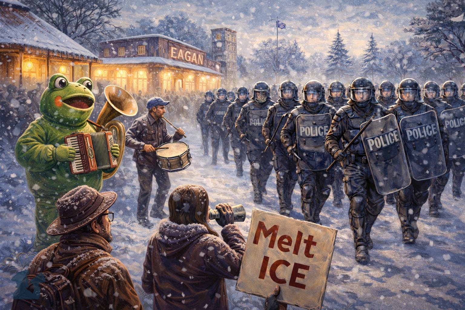 An illustration showing the Eagan police department demonstrating a show of force against peaceful protesters