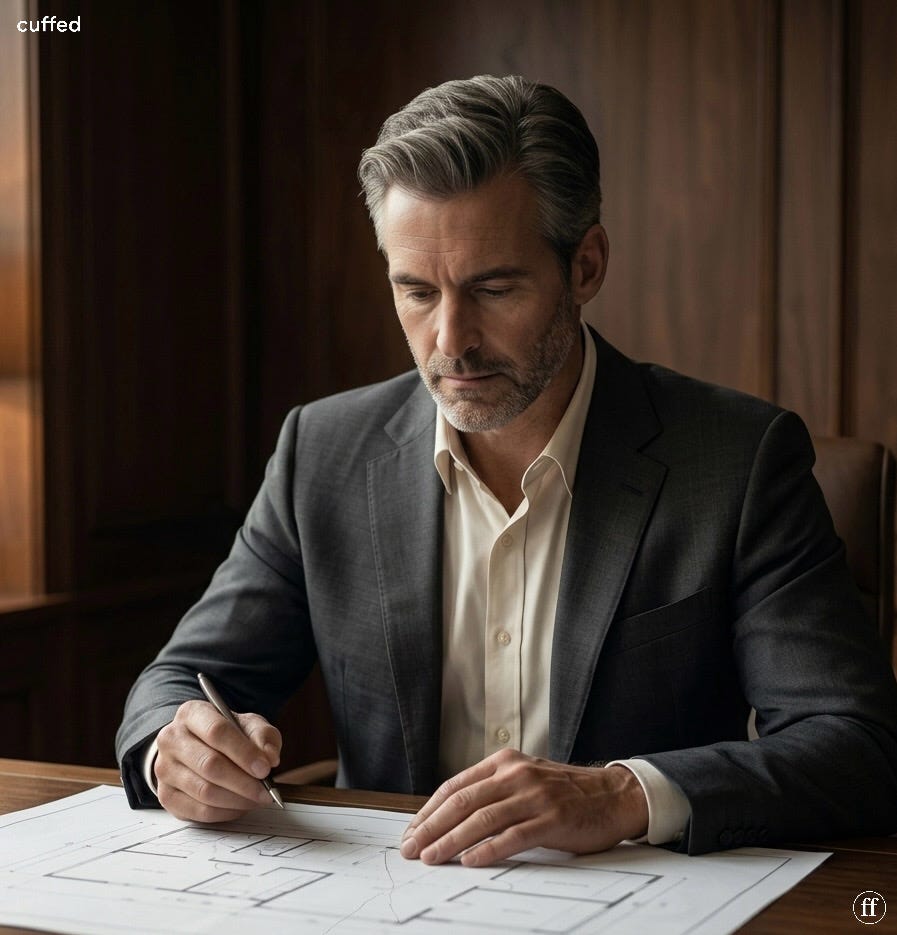 a man in a dark blazer and cream shirt sits alone at a wooden desk, pen in hand, writing. warm chiaroscuro lighting. mood: quiet reckoning, masculine introspection. cuffed "ff" logo bottom-right. cream identity.