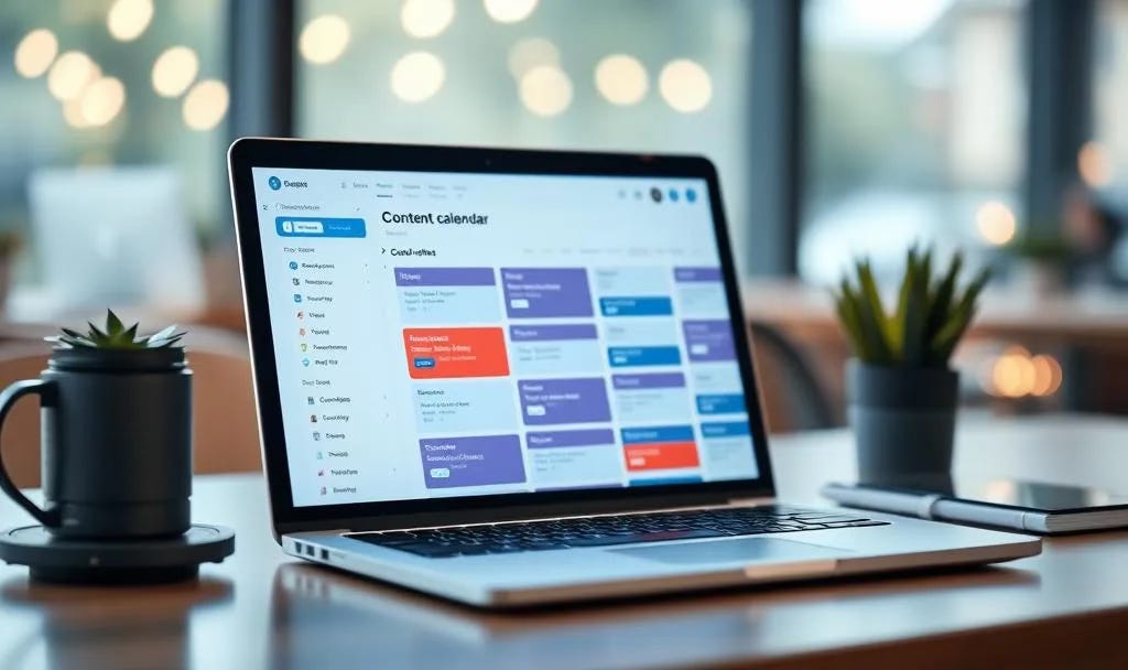 Laptop displaying a colorful content calendar interface on a modern desk with plants and coffee mug, representing digital editorial planning tools Laptop displaying a colorful content calendar interface on a modern desk with plants and coffee mug, representing digital editorial planning tools