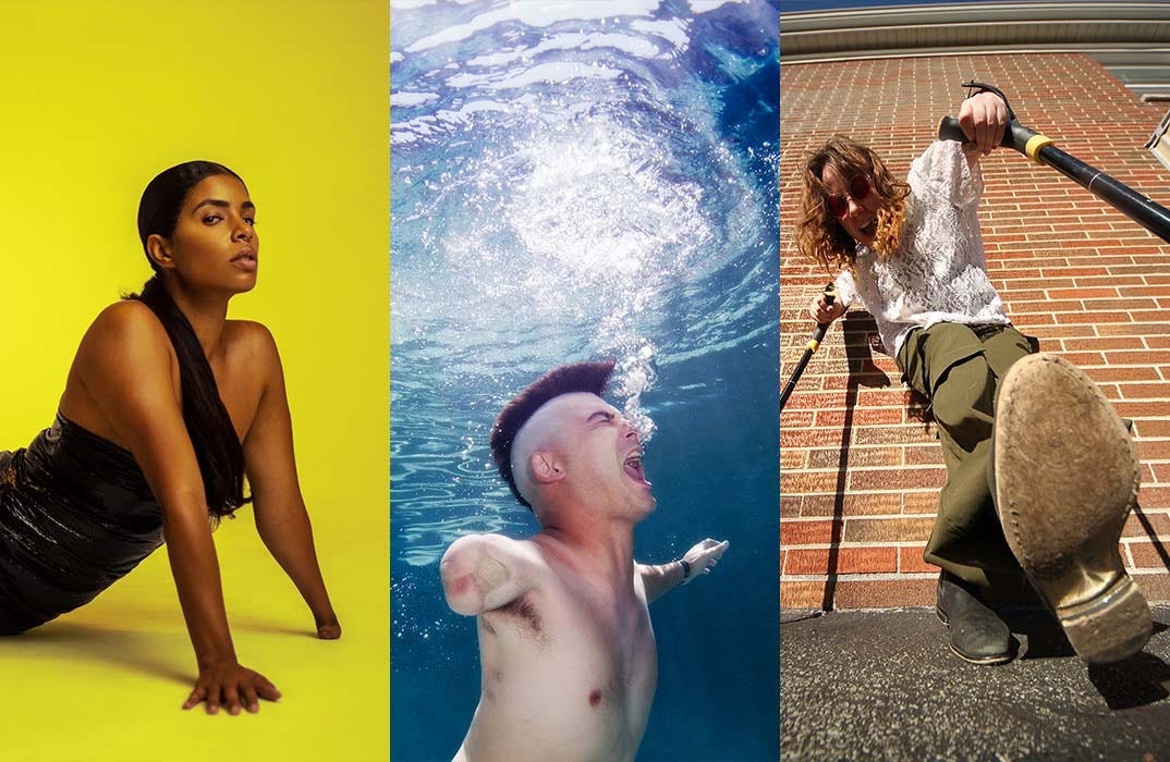 This is Kevin, upset to find this image without description from its source. There are 3 disabled people, each in their own image. A woman of color looks sideways at the camera against a yellow background, perched on her arms, one of them without a hand. A white man amputee with a purple mohawk is screaming underwater. A femme double-crutch user is about to stomp down on the camera lying on the ground.