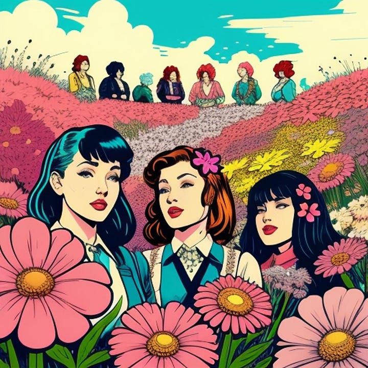 Cartoon, bold coloured drawn images of femmes in varying types of suspenders - mostly aprons and lederhosen like garments amidst bright backgrounds and flowers.