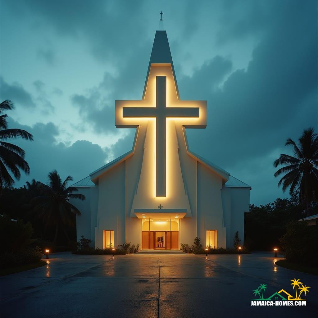 A modern church building in Jamaica, Caribbean, architecturally sculpted into the distinct shape of a Christian cross.