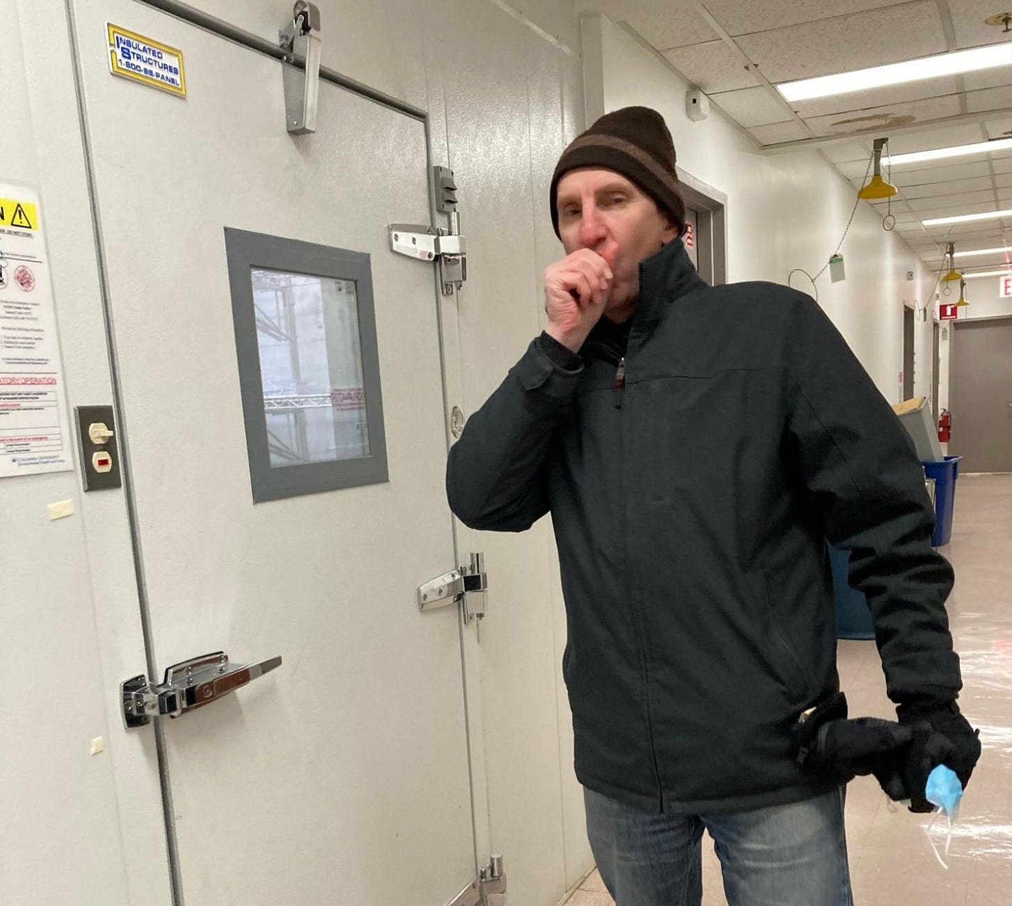 Eugene emerging from the freezer to warm up. Eugene emerging from the freezer to warm up.