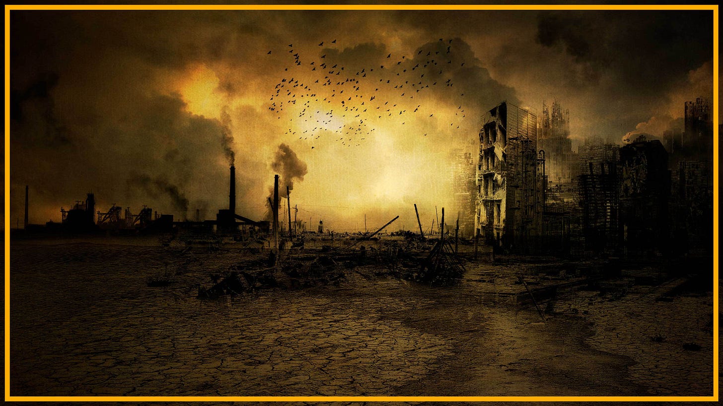 a destoryed city with birds flying and smoke rising