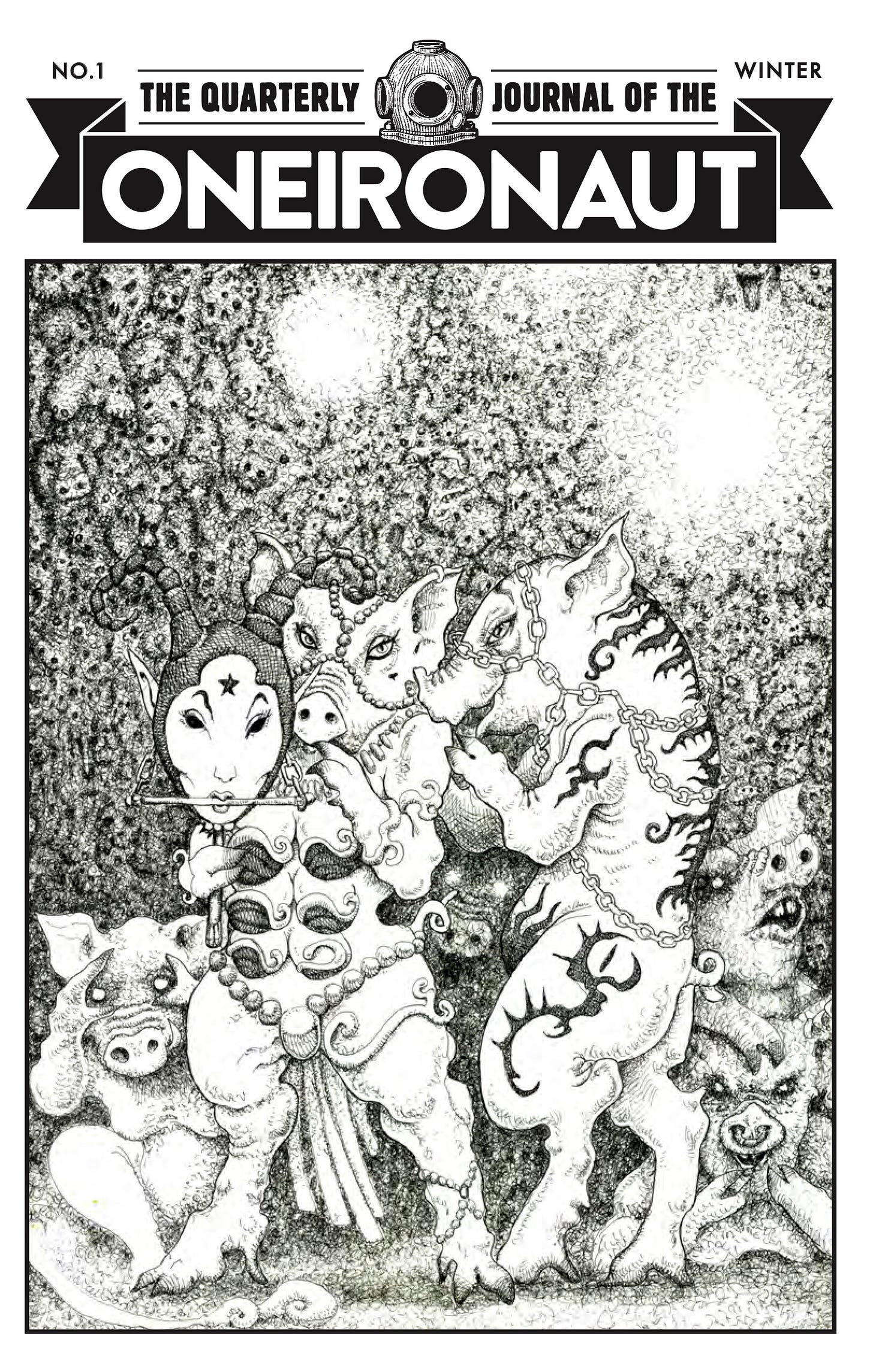 An image of the cover of Oneironaut 1, depicting two white swine sharing a whispered secret. Layout by Lester B. Portley, art by Huargo.