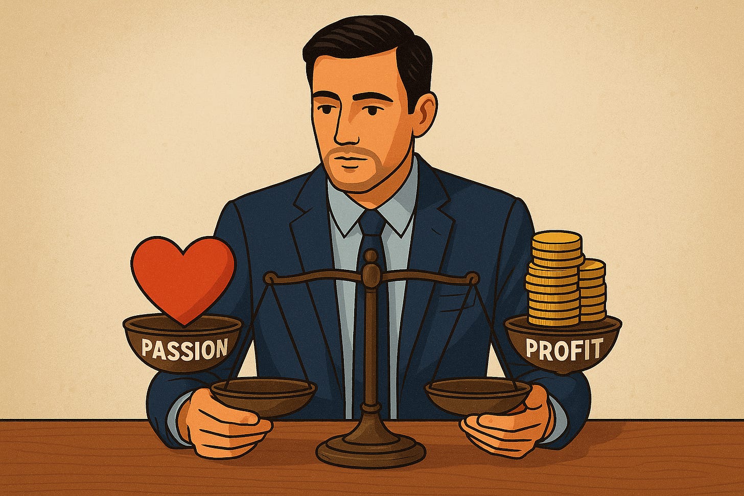"Entrepreneur weighing passion vs. profit on a scale, symbolizing the balance between purpose-driven work and financial success" "Entrepreneur weighing passion vs. profit on a scale, symbolizing the balance between purpose-driven work and financial success"