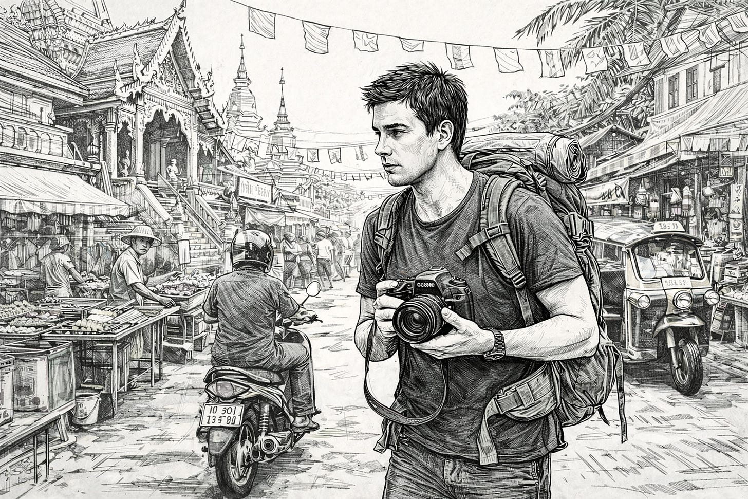 A young man with a backpack and camera walks through a busy street market in Southeast Asia, surrounded by vendors, a tuk-tuk, a temple, and people on motorcycles. Bunting flags hang above the lively scene.