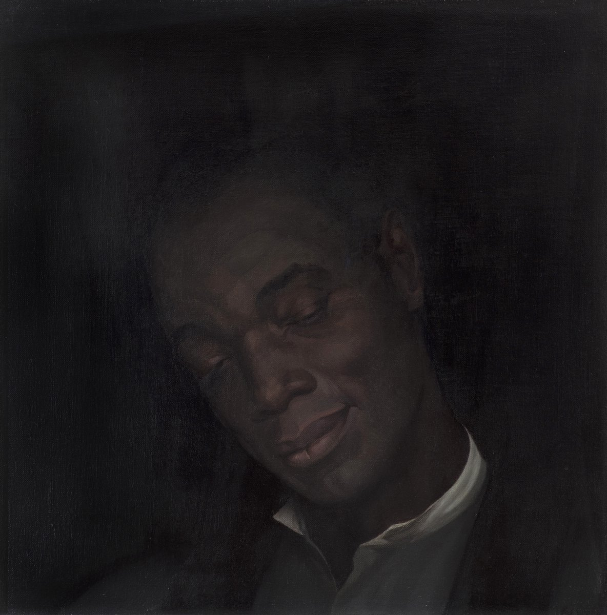 A serene painting of a black man shown in soft shadows. He has a peaceful expression, eyes closed, head tilted slightly. There's a warm, reflective mood. He has on a white collared shirt with a black jacket over it. He is visible from his shoulders up. He stands against a black background, with some transparent white streaks across the center left of the painting. A serene painting of a black man shown in soft shadows. He has a peaceful expression, eyes closed, head tilted slightly. There's a warm, reflective mood. He has on a white collared shirt with a black jacket over it. He is visible from his shoulders up. He stands against a black background, with some transparent white streaks across the center left of the painting.