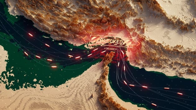 Maritime Blockade at Strategic Strait of Hormuz, Aerial View of Blocked Shipping Route and Choke Point
