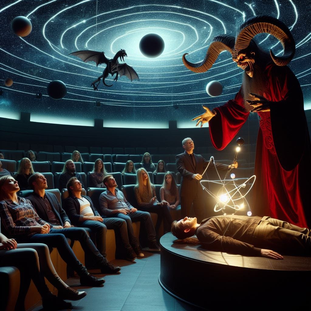 Demonic wizard casting spells on his audience.