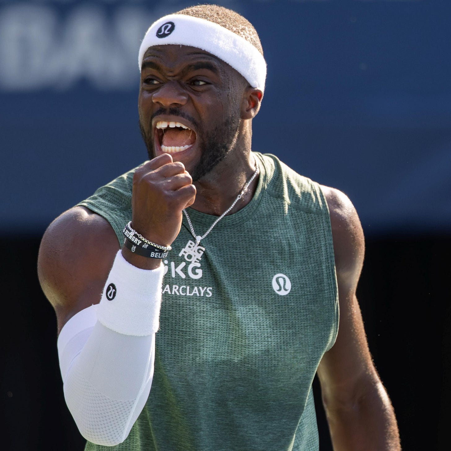 Frances Tiafoe facing Aleksandar Vukic at the 2025 National Bank Open in Toronto.