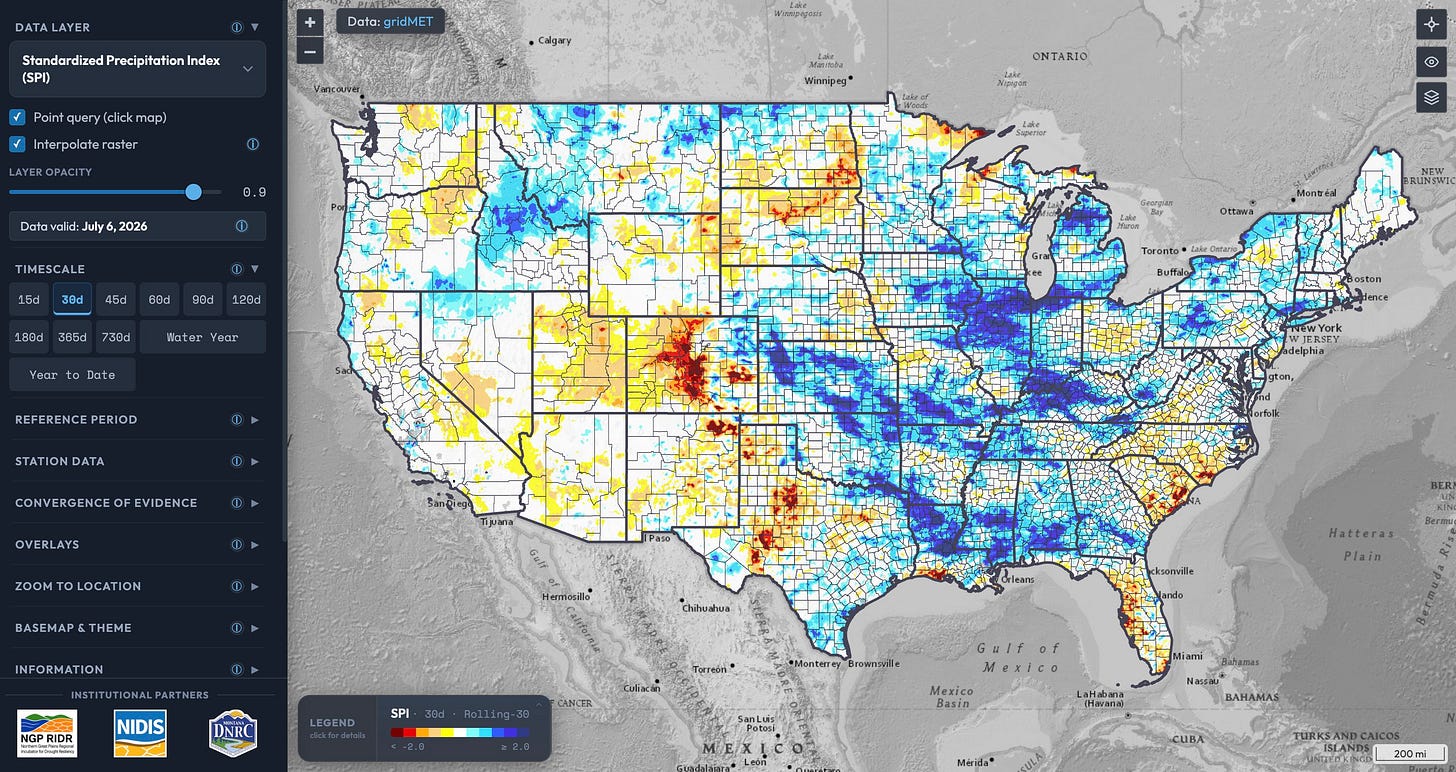 Screenshot of the Drought Data Dashboard showing a map of the contiguous U.S. with a 30-day Standardized Precipitation Index. A sidebar on the left provides controls for users to select datasets and customize timescales, periods of record, overlays, and others settings.