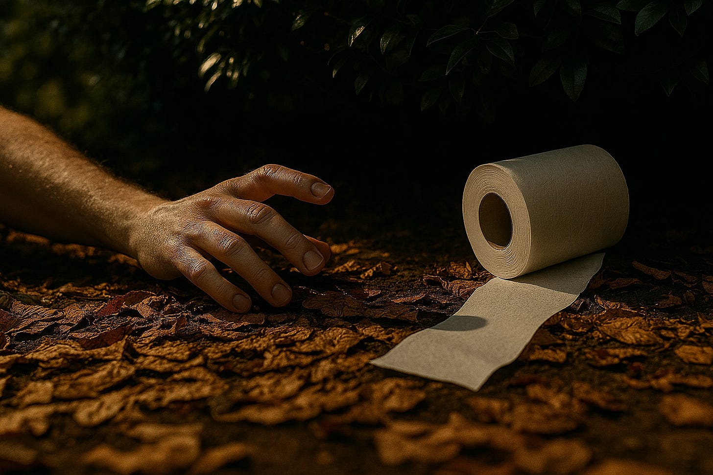 A close-up of a hand reaching from bushes for a rolling toilet paper roll, only to grasp dry autumn leaves instead. This comedic image captures a moment of desperate improvisation in nature.