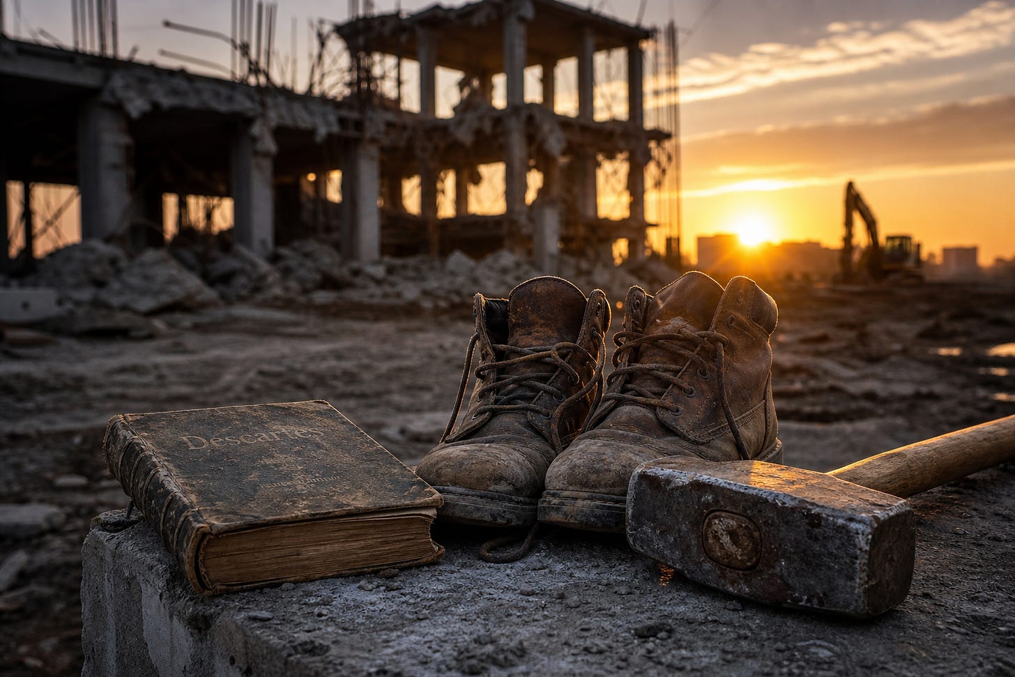 un livre de philosophie, des bottes de construction et un marteau sur un bloc de béton.