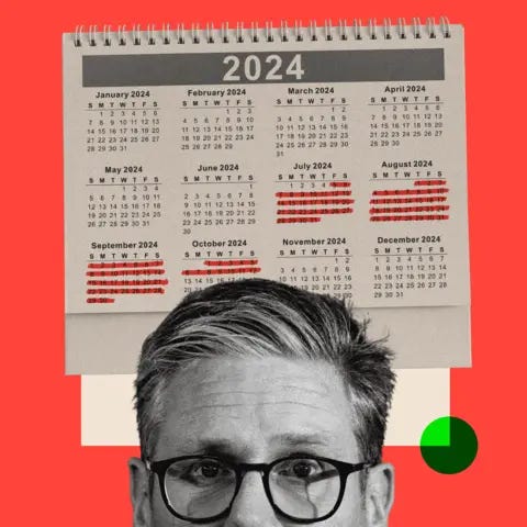 BBC A 2024 calendar with 100 days highlighted in red, until October 12. Below is a cropped image of Keir Starmer.