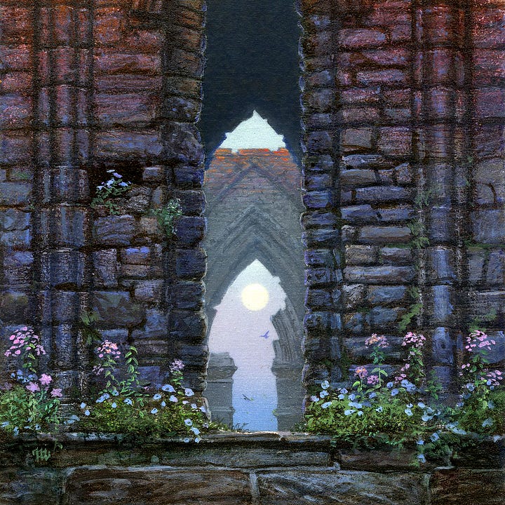 LEFT: Detail from MOON’S WINDOW featuring a worm’s eye view of a sequence of arches in a ruined abbey. The lower wall is cooler in tone as the stone is washed in pink to purple tones. Wildflowers grow in the immediate foreground as the lip of stone at the top of the steps leads up to the succeeding arches. RIGHT: Close detail from MOON’S WINDOW featuring the cool tones of the lower part of the wall and a view through successive arches to the sky beyond. The final arch is broken, taller on the left which serves to direct the eye to the moon, a pure white orb hanging just beneath the point of the last complete arch. A pair of birds with wings extended soar in opposite directions, providing implied motion across the opening.