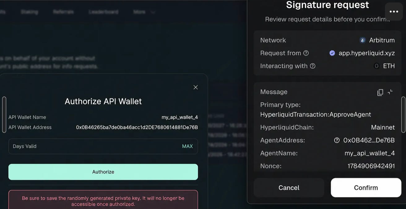 Hyperliquid Authorize API Wallet dialog on the left showing wallet name my_api_wallet_4, generated agent address, and Days Valid set to MAX; on the right the connected master wallet displays an EIP-712 signature request with primary type HyperliquidTransaction:ApproveAgent