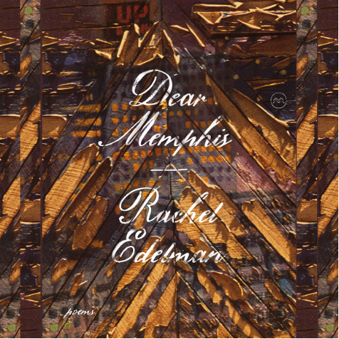 Left image description: Rachel, a femme with curly dark hair and olive skin, stands at a microphone in a studio, reading from a laptop. Right image description: Square cover of Dear Memphis by Rachel Edelman. The words of the title and author’s name appear in scripted white text over a photograph of angled wood panels arranged in an upward A-frame. The sides of the image have repeated segments of the image inserted in vertical strips.