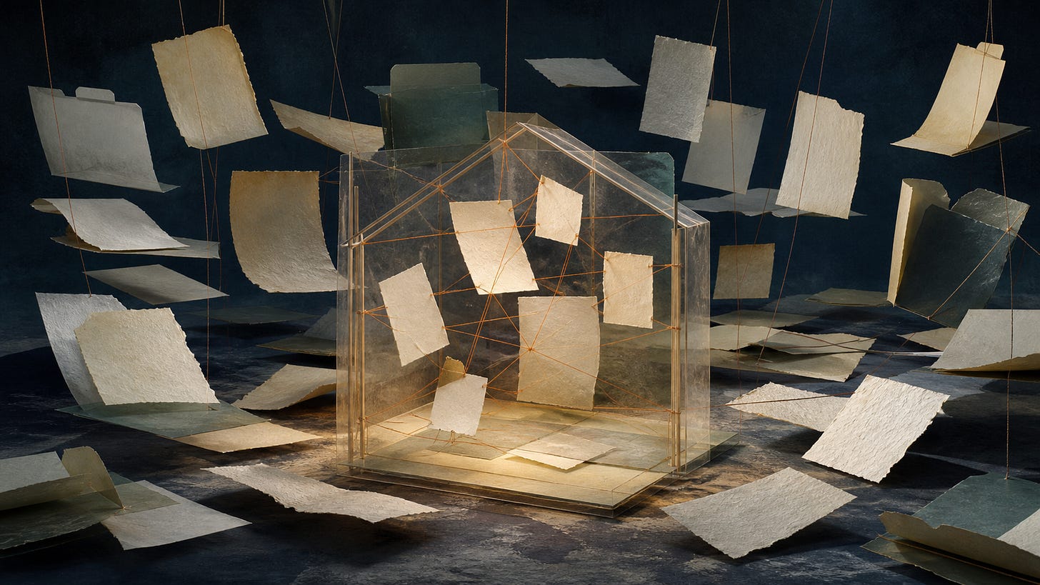 A glass house model surrounded by articles, papers, and folders suspended by strings.
