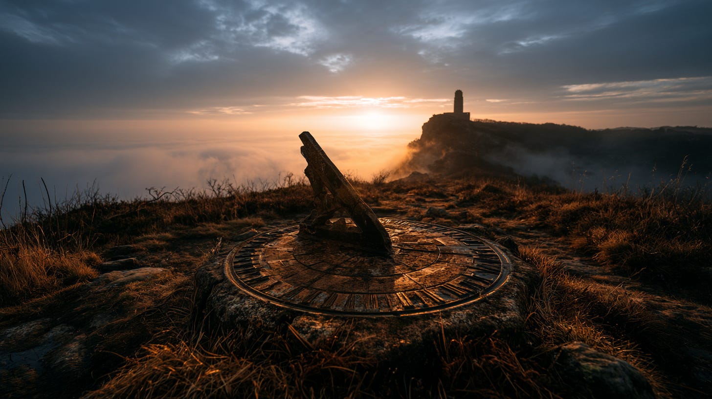 A weathered stone sundial half-shrouded in thick morning fog A weathered stone sundial half-shrouded in thick morning fog