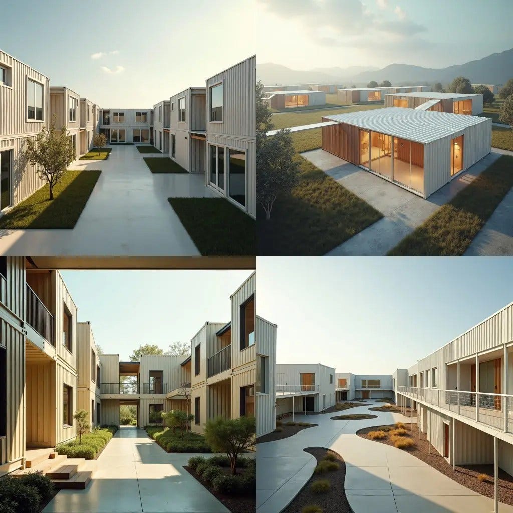 A modern school built entirely from repurposed shipping containers, arranged in a clean and minimalistic design. The containers are painted in neutral tones, with large windows cut into the sides to allow natural light to flood in. Open-air walkways connect the different classrooms, and the layout includes simple outdoor spaces with minimal landscaping. The design is sleek and functional, emphasizing sustainability and efficiency. Minimalist, eco-friendly, modern container architecture.