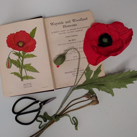 Three images of bright red paper corn poppies, from poppies with real poppy seed head centres to poppies coloured using natural dye