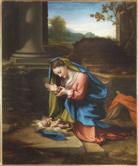 A collection of images of Mary at the manger: 1. Albin Egger-Lienz; 2. Sandra Bierman;