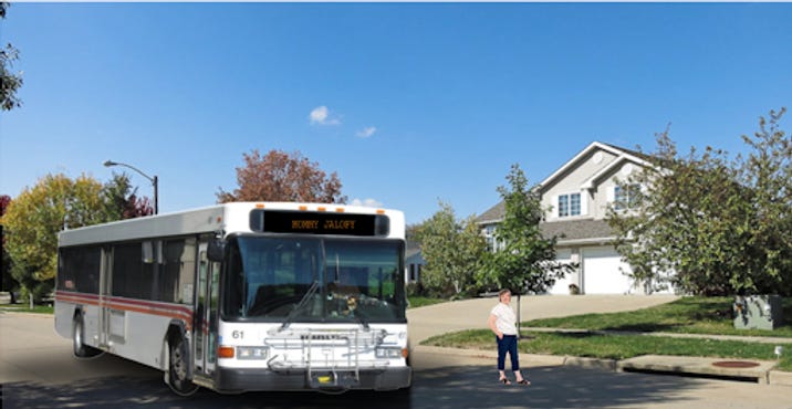 An Iowa City Transit bus in front of your mom's house.