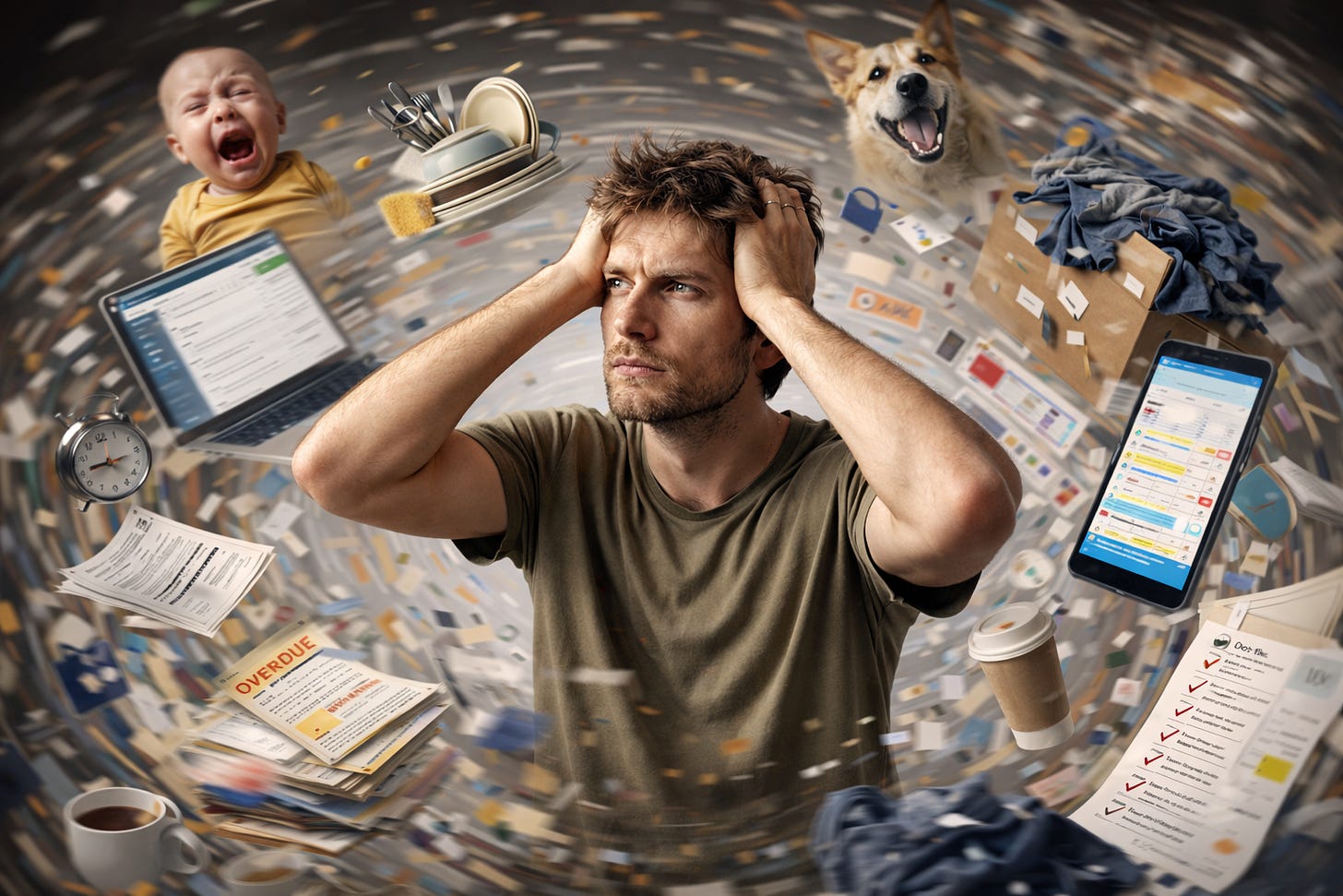 A lighthearted digital collage shows a stressed man clutching his head in the center of a swirling chaos of everyday life, including a crying baby, barking dog, overdue bills, laundry, dishes, coffee, a laptop, phone, and checklist. The landscape image uses motion blur and a whirlwind effect to capture the feeling of an overwhelming day.
