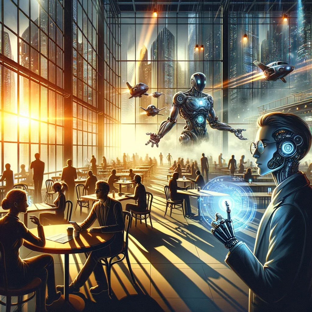 Image generated with DALL-E 3 and depicting a futuristic work environment