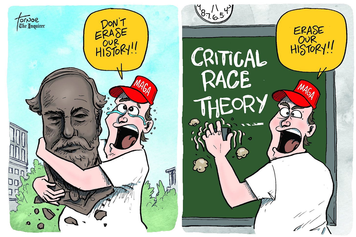 MAGA-hat-wearing person hugs bust of Confederate general and cries "don't erase our history!" In the next frame, the same red-hat-magat stands at a chalkboard on which is written critial race theory. He is now saying "Erase our history!"