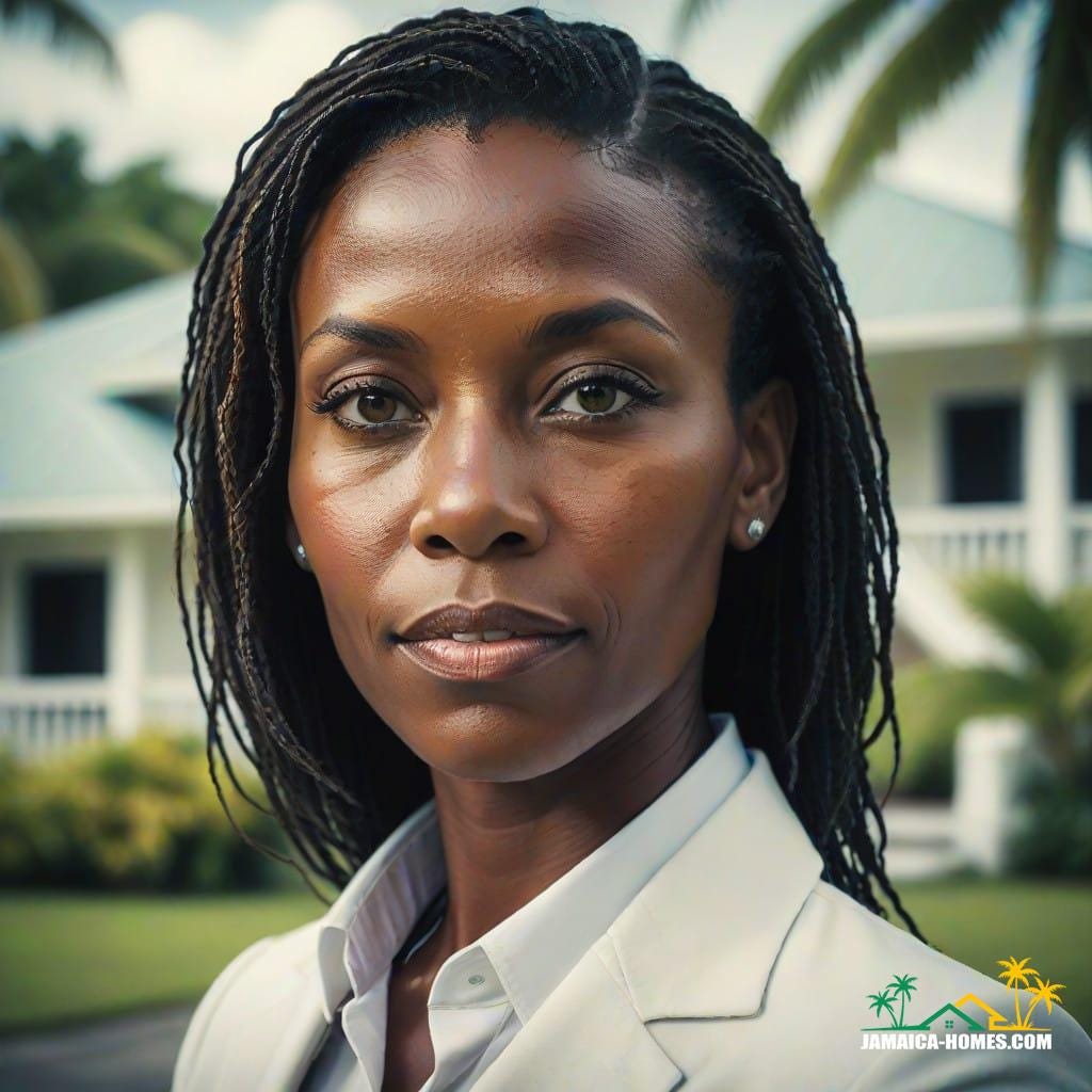 A beautiful Jamaican real estate agent, dressed in professional attire, stands as a top realtor. She is a white woman with dreadlocks, embodying the spirit of Rastafari, and is widely recognized as one of the leading agents in the industry.