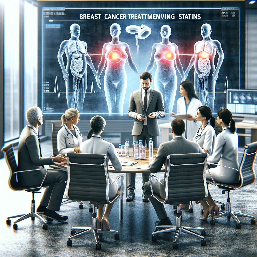A detailed and realistic scene of a medical researcher discussing breast cancer treatment involving statins with a group of healthcare professionals. The setting is a modern conference room with sophisticated medical equipment around. The researcher and professionals are engaged in a focused conversation, dressed professionally. The atmosphere is professional and collaborative, highlighting the importance of the new findings in the medical community.