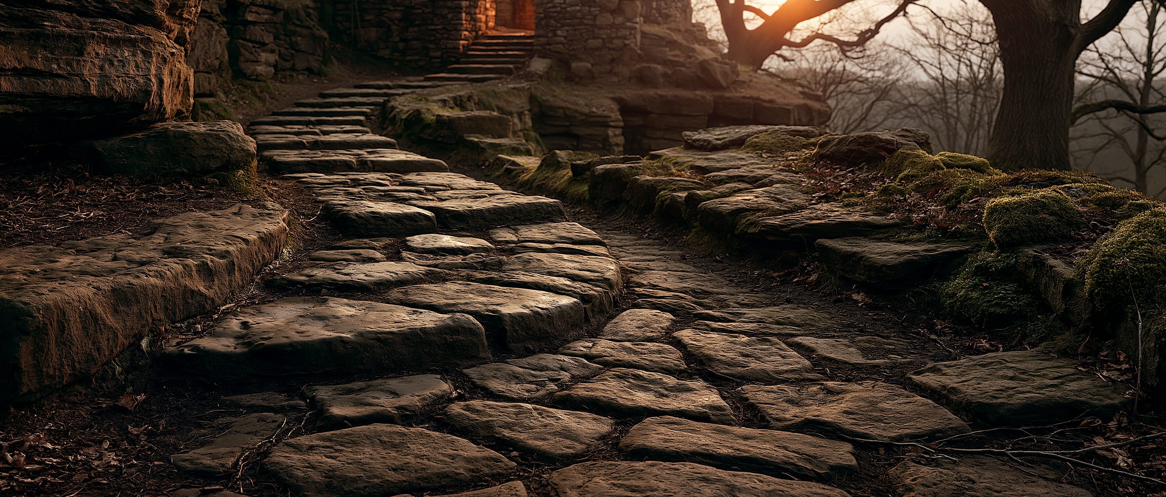 An ancient weathered stone path splitting into two diverging routes, worn smooth by centuries, one branch polished and easy An ancient weathered stone path splitting into two diverging routes, worn smooth by centuries, one branch polished and easy