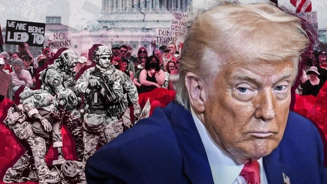 Trump with a background of soldiers Trump with a background of soldiers