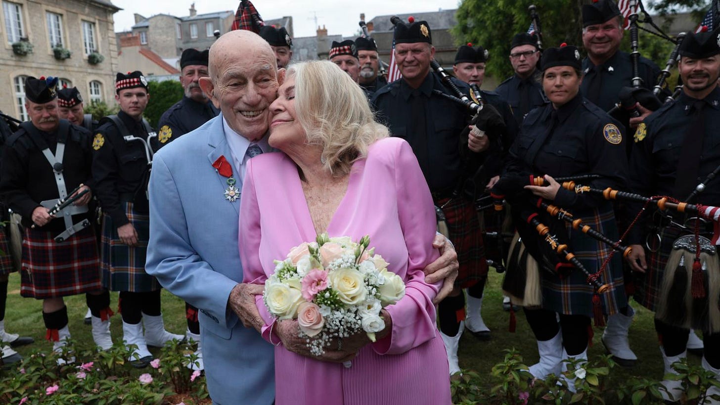 100-year-old WWII veteran Harold Terens and his 96-year-old bride, Jeanne Swerlin, arrive for their wedding ceremony in Carentan-les-Marais, France on June 8, 2024.
