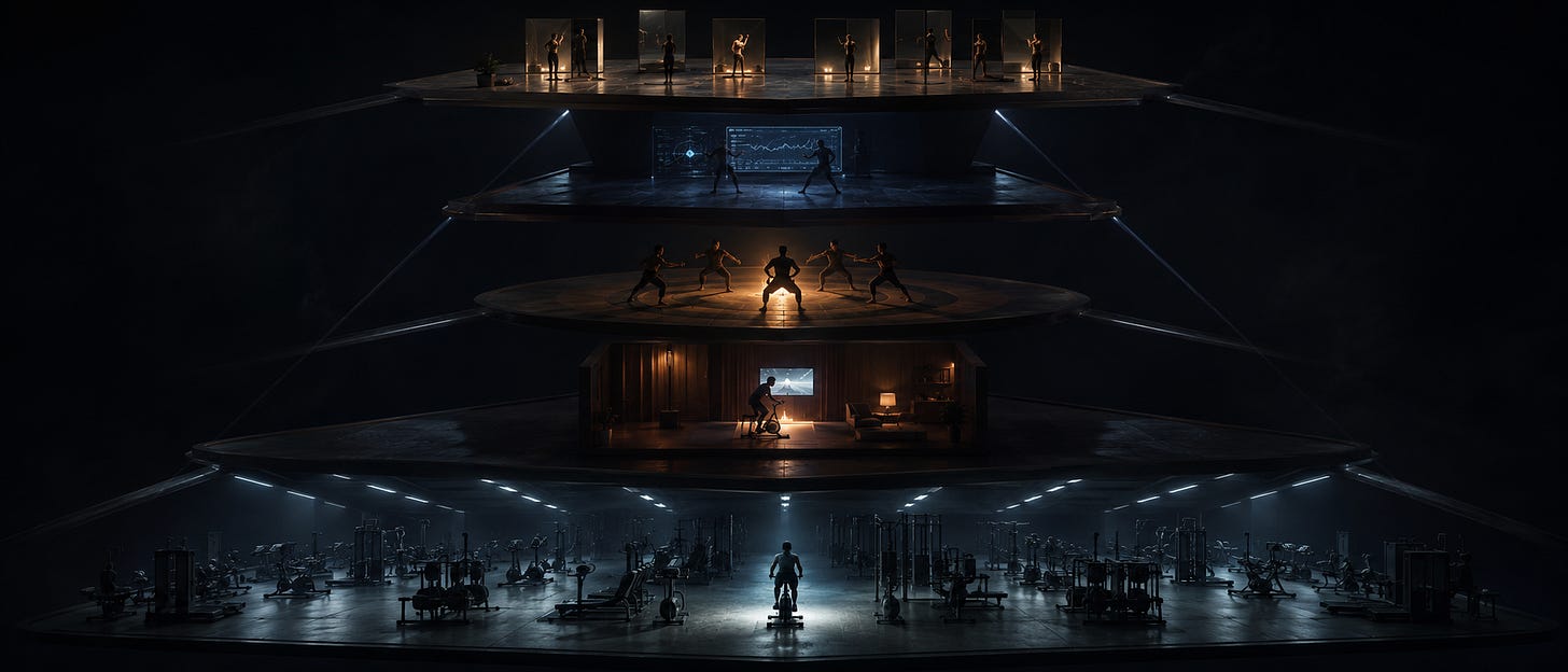 Five dimly lit platforms stacked like a game board, each showing a different gym floor: empty machines, a solo cyclist, and a circle of five training under one light.