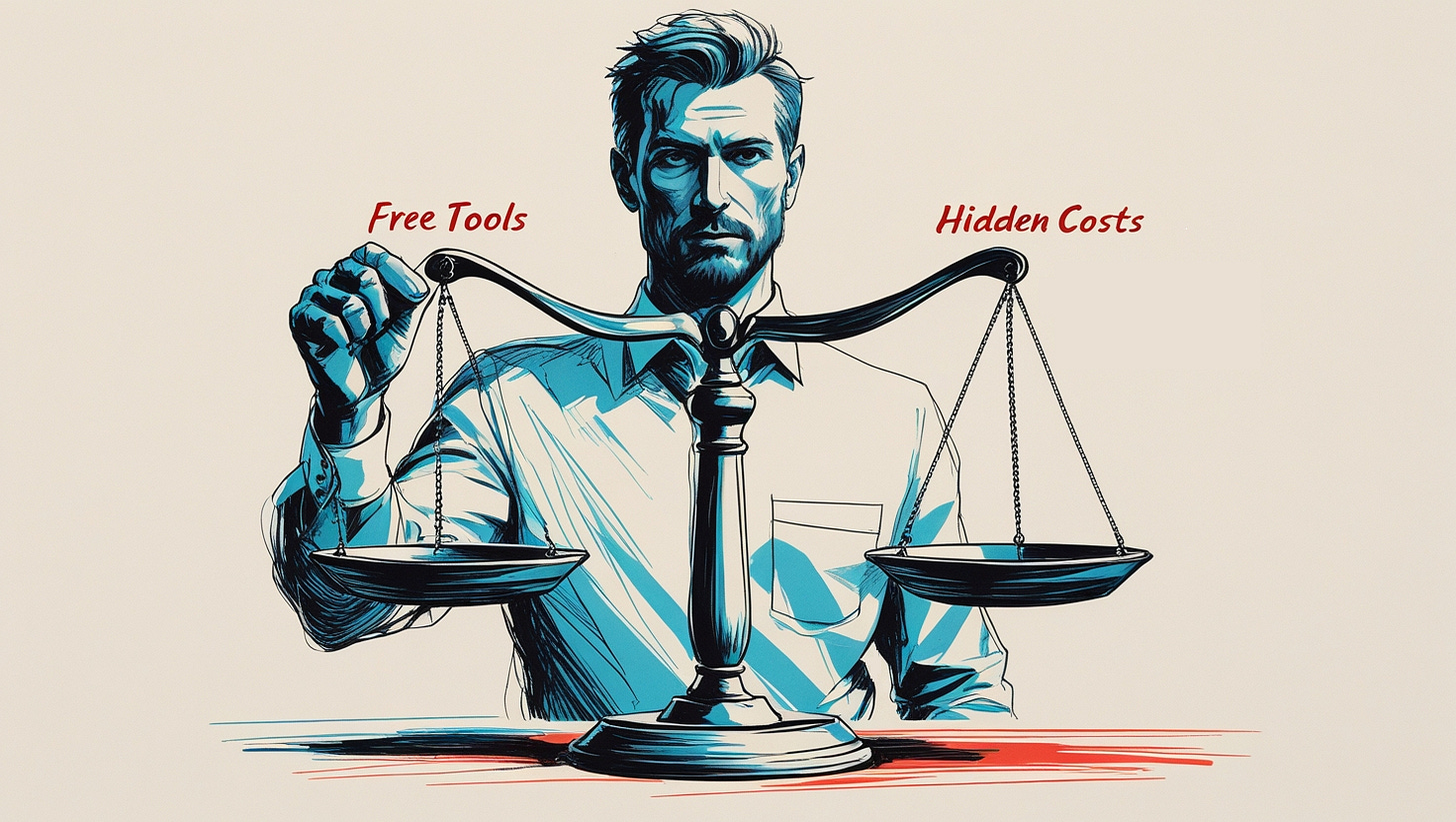 Business owner comparing the pros and cons of free tech tools