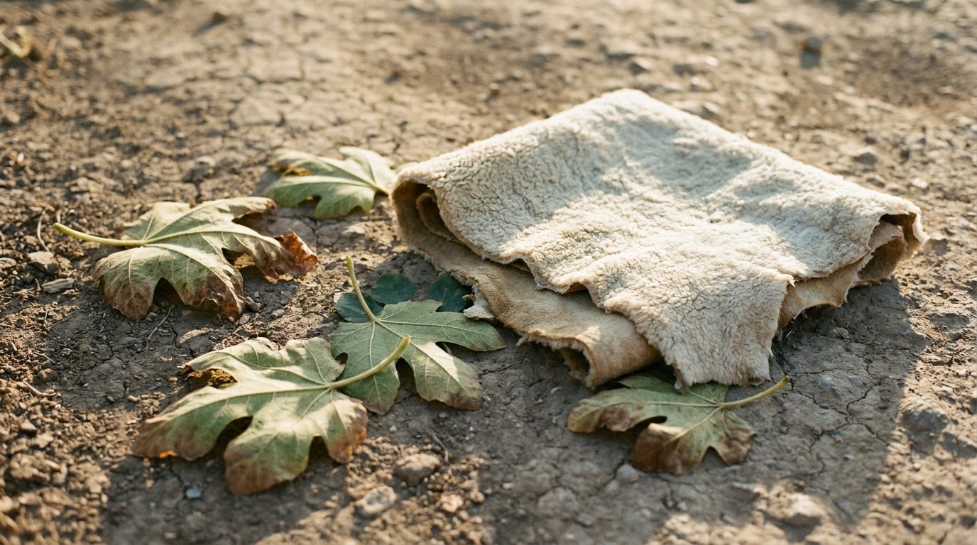 Withering fig leaves beside tanned hide