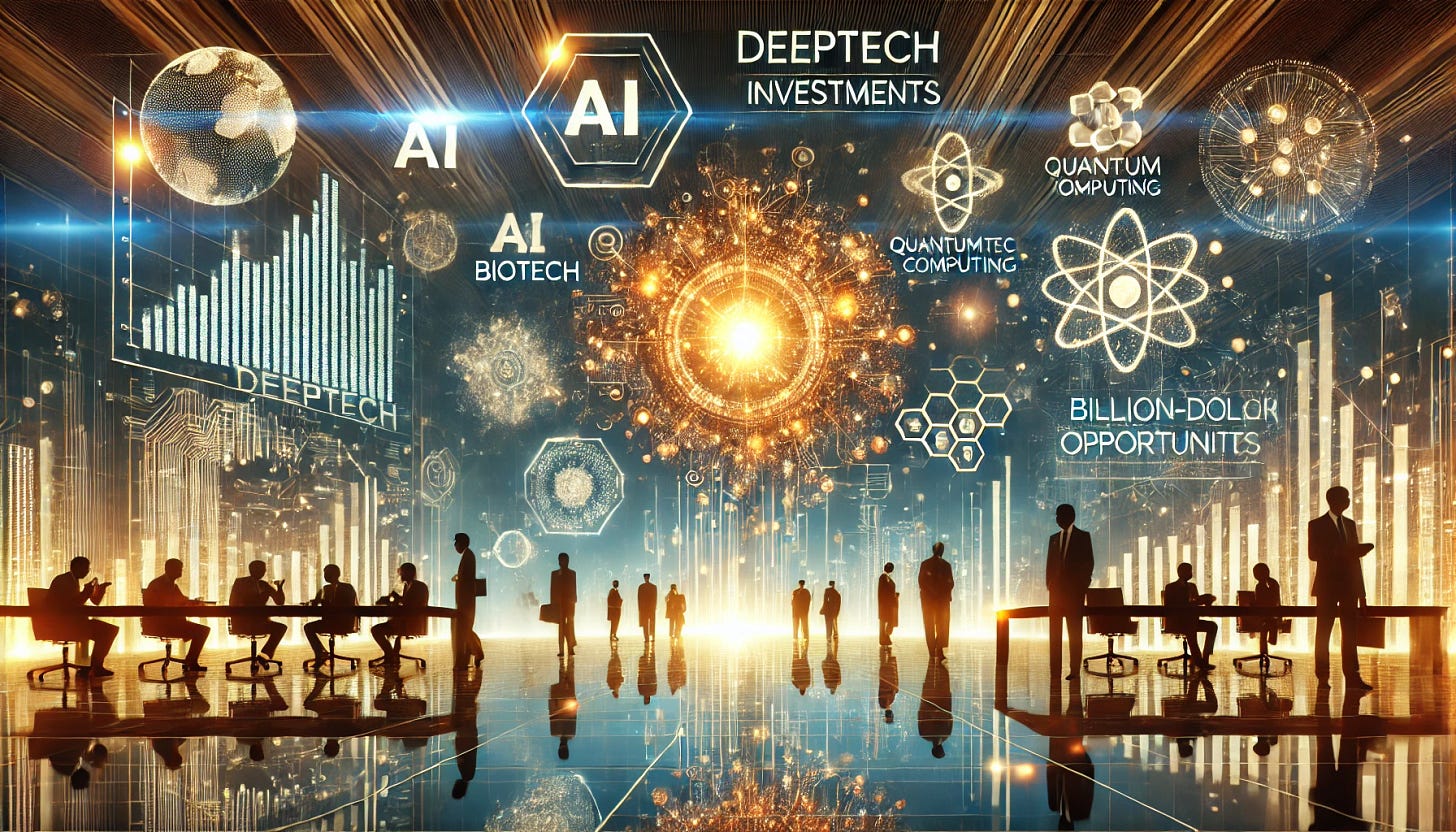 A futuristic and high-tech illustration representing deeptech investment opportunities. Show abstract glowing financial graphs, cutting-edge technology elements like AI, biotech, and quantum computing, and a sleek, modern business setting. The scene should convey exclusivity, forward-thinking strategy, and the potential for billion-dollar opportunities in deeptech. Horizontal layout.