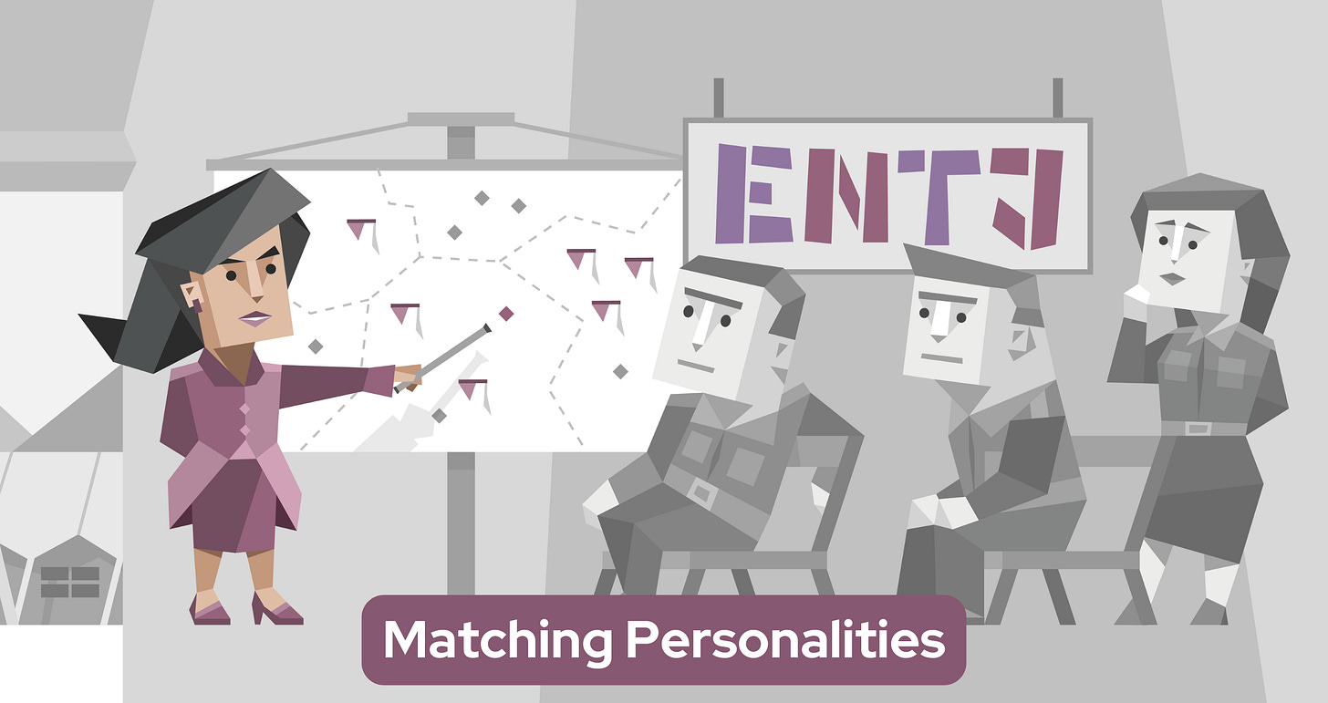 A female ENTJ professional stands in front of a strategic planning board. She wears a purple outfit and is holding a pointer, gesturing towards various diagrams and symbols on the board. Three grayscale colleagues watch attentively, two sitting men and one standing woman. Behind them, the letters "ENTJ" are prominently displayed on a sign.