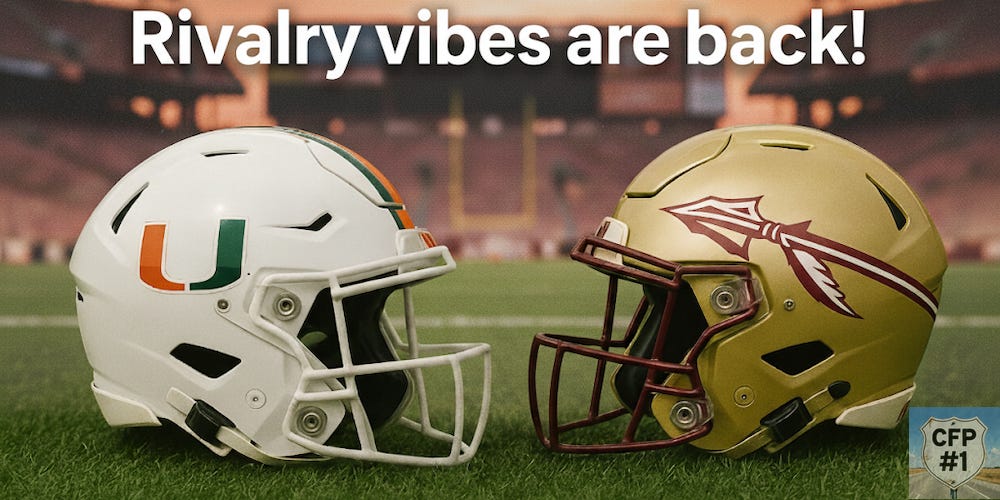 Miami Hurricanes vs Florida State Seminoles helmets facing off with bold text “Rivalry vibes are back!”, symbolizing the return of a classic ACC football showdown. Miami–FSU game preview, ACC conference race context, deals on seats, fan gear, and premium content at www.NattyRoad.com