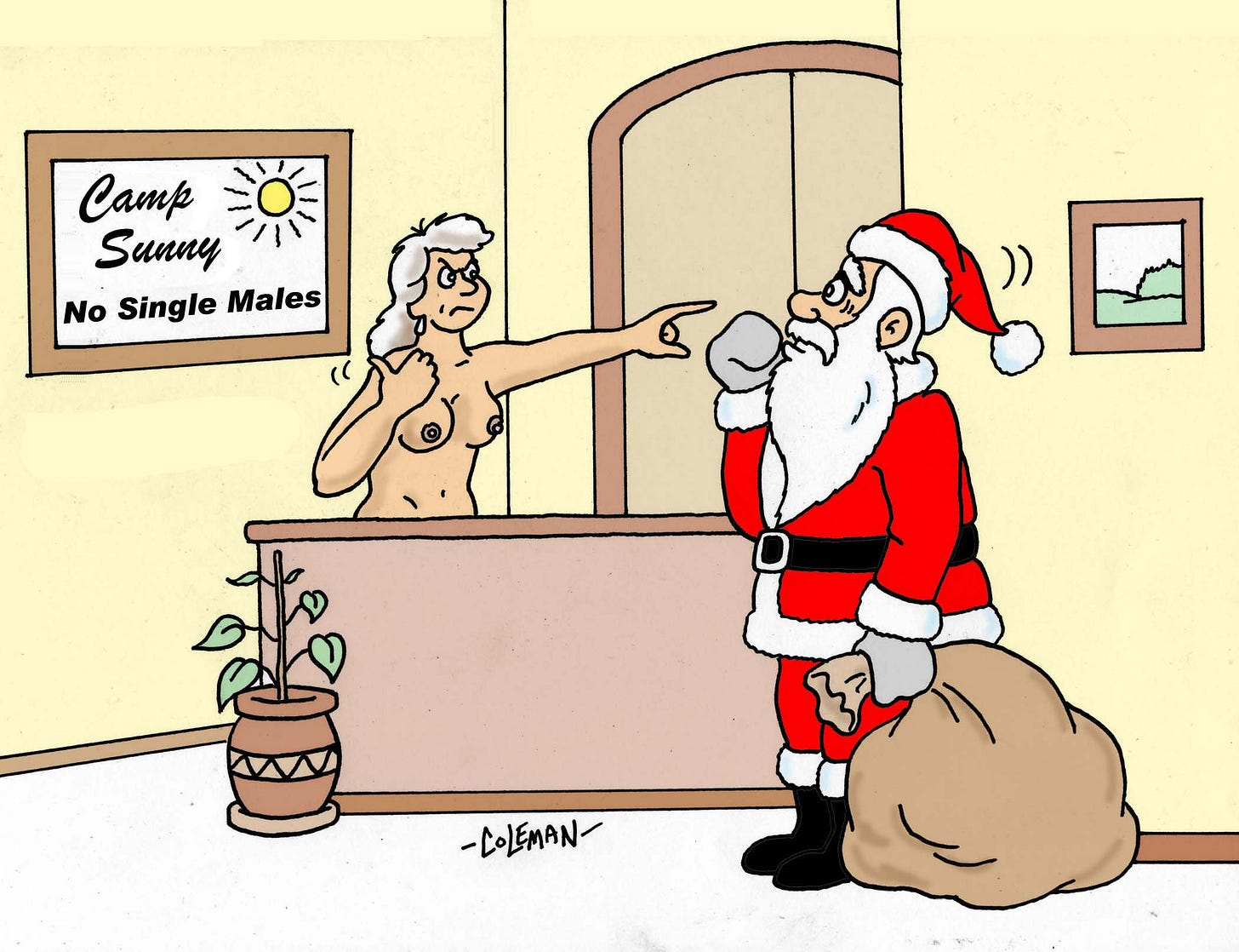 A nude woman at a reception desk labeled 'Camp Sunny - No Single Males,' pointing firmly at the door while Santa Claus stands nearby with his sack, looking confused.