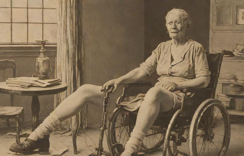 Sepia-toned AI generated photo of an old white woman in a wheelchair. She has one leg attached to her and one leg detached and floating nearby.