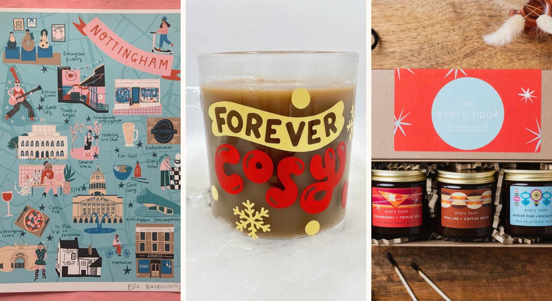 Three pictures - one of an illustrated Nottingham map on a pink background, one glass mug that says 'Forever Cosy', and one box of candles on a wooden table