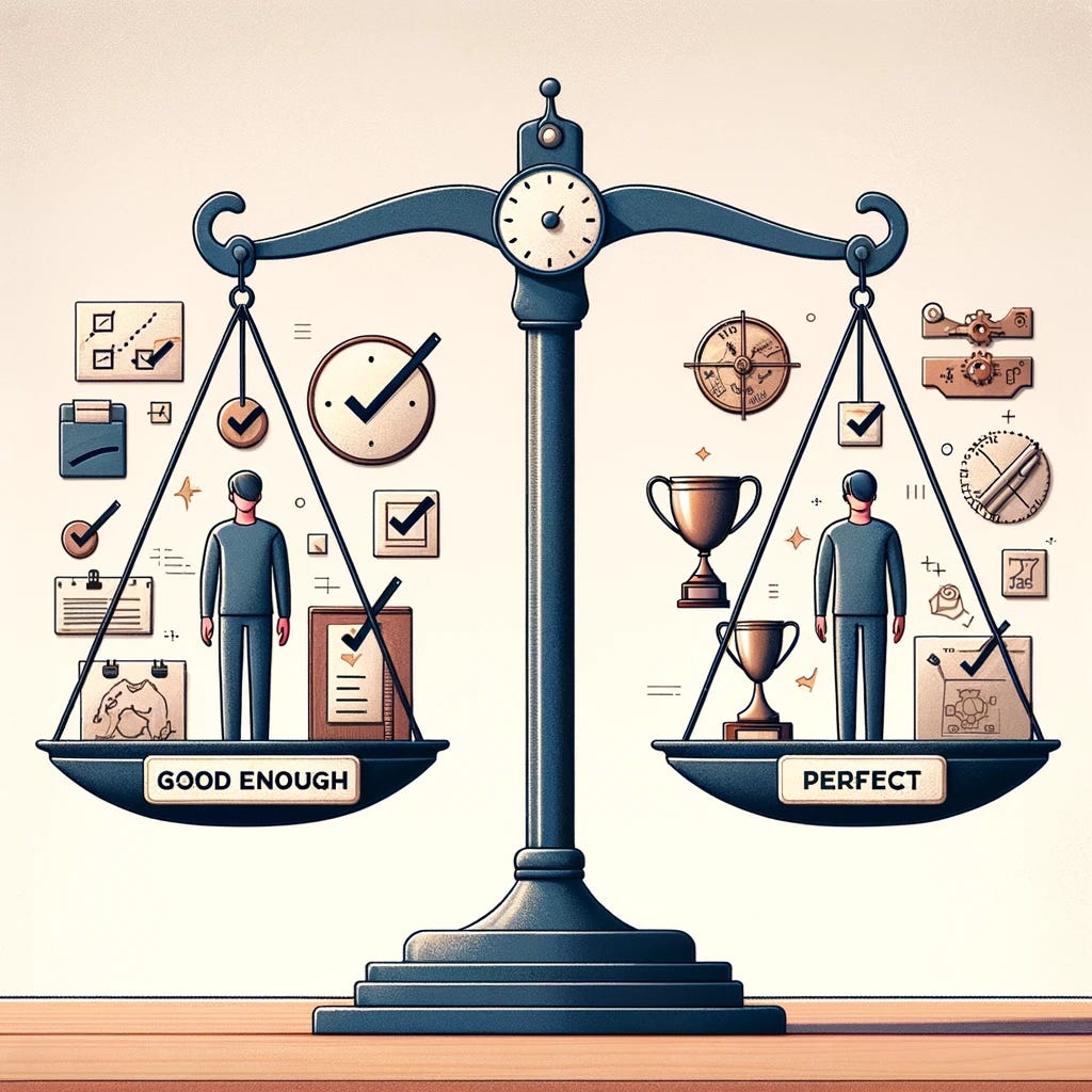 Visualize a scale in perfect balance, with one side labeled "Good Enough" containing elements like check marks, simplified diagrams, and a casual, content figure. The other side, labeled "Perfect", is filled with detailed drawings, a trophy, and a figure meticulously checking every detail. Both sides are equally weighted, symbolizing the balance between the practicality of "good enough" and the idealism of striving for perfection. The background should be minimalist to emphasize the scale and the contrasting concepts on each side.