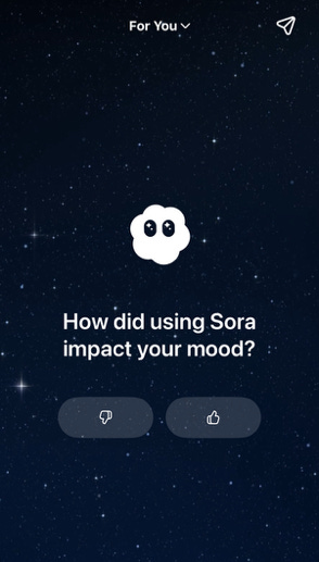 Screenshot of Sora asking “How did using Sora impact your mood?” with thumbs up and thumbs down buttons.
