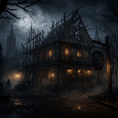 Exterior of the Blue Water Inn in Vallaki at night, half rebuilt with exposed timber ribs, scaffolding, lanterns flickering in mist, ravens perched on beams, Barovian gothic atmosphere