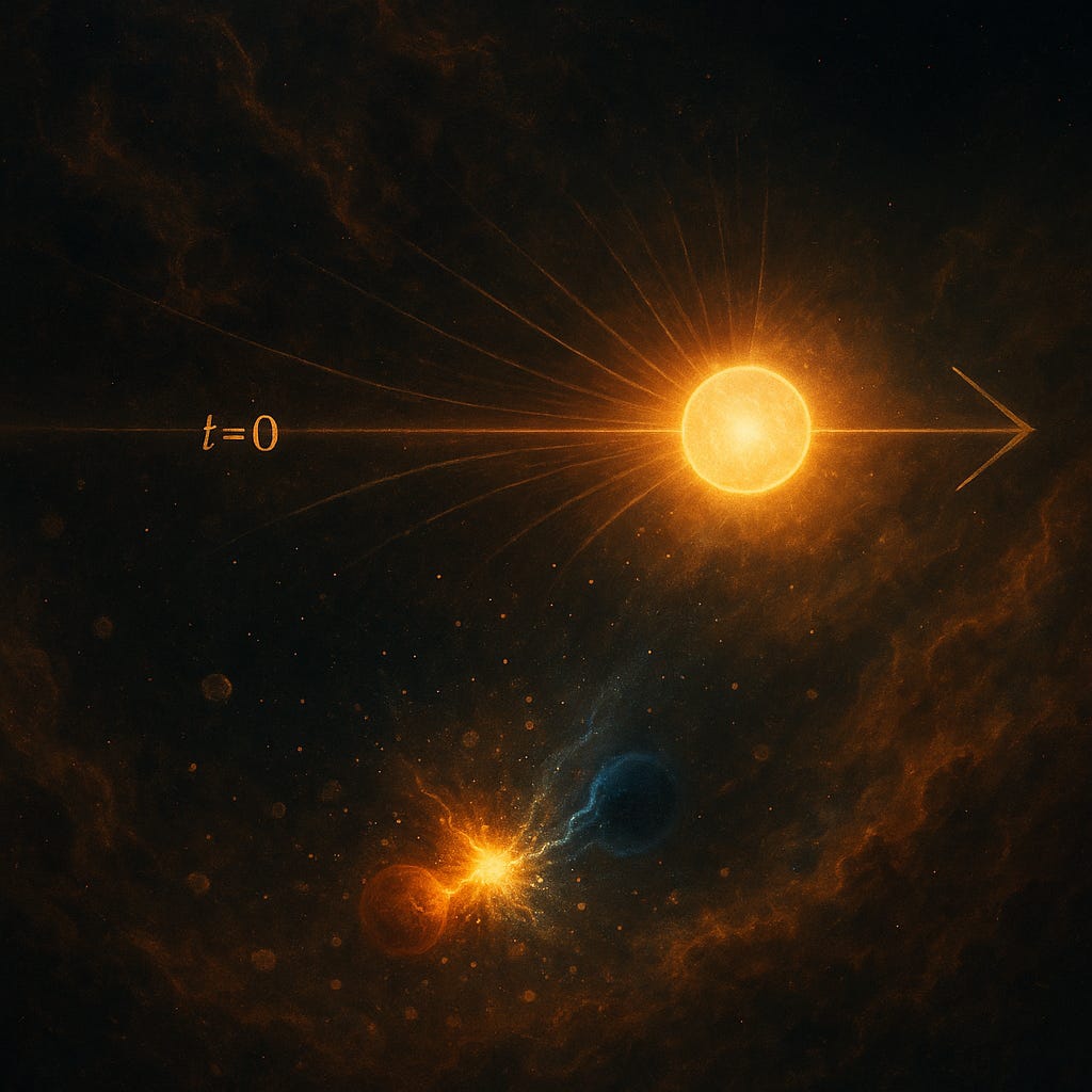 A cosmic digital painting of the early universe, showing swirling golden-orange plasma clouds. At the center, a burst of light symbolizes the survival of matter after matter–antimatter annihilation. One glowing particle and its blue twin collide, releasing energy, while a radiant golden sphere marks the arrow of time emerging from  𝑡 = 0 t=0. The scene captures the fragile imbalance — baryogenesis — that allowed the universe, stars, and life to exist.