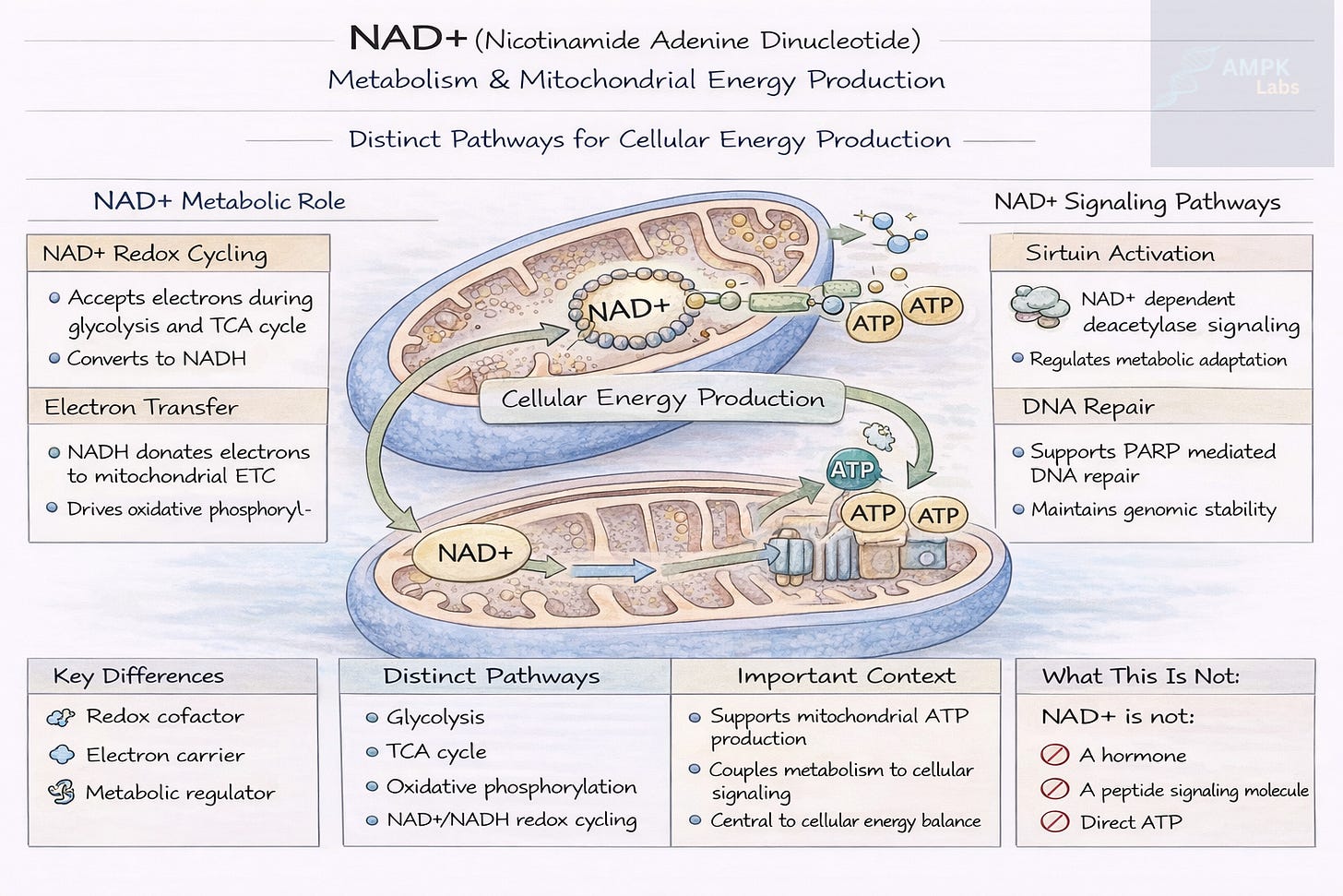 Hand drawn scientific diagram showing NAD+ metabolism in mitochondria, where NAD+ becomes NADH during glycolysis and the TCA cycle, delivers electrons to the electron transport chain to produce ATP, and supports sirtuin signaling and DNA repair pathways.